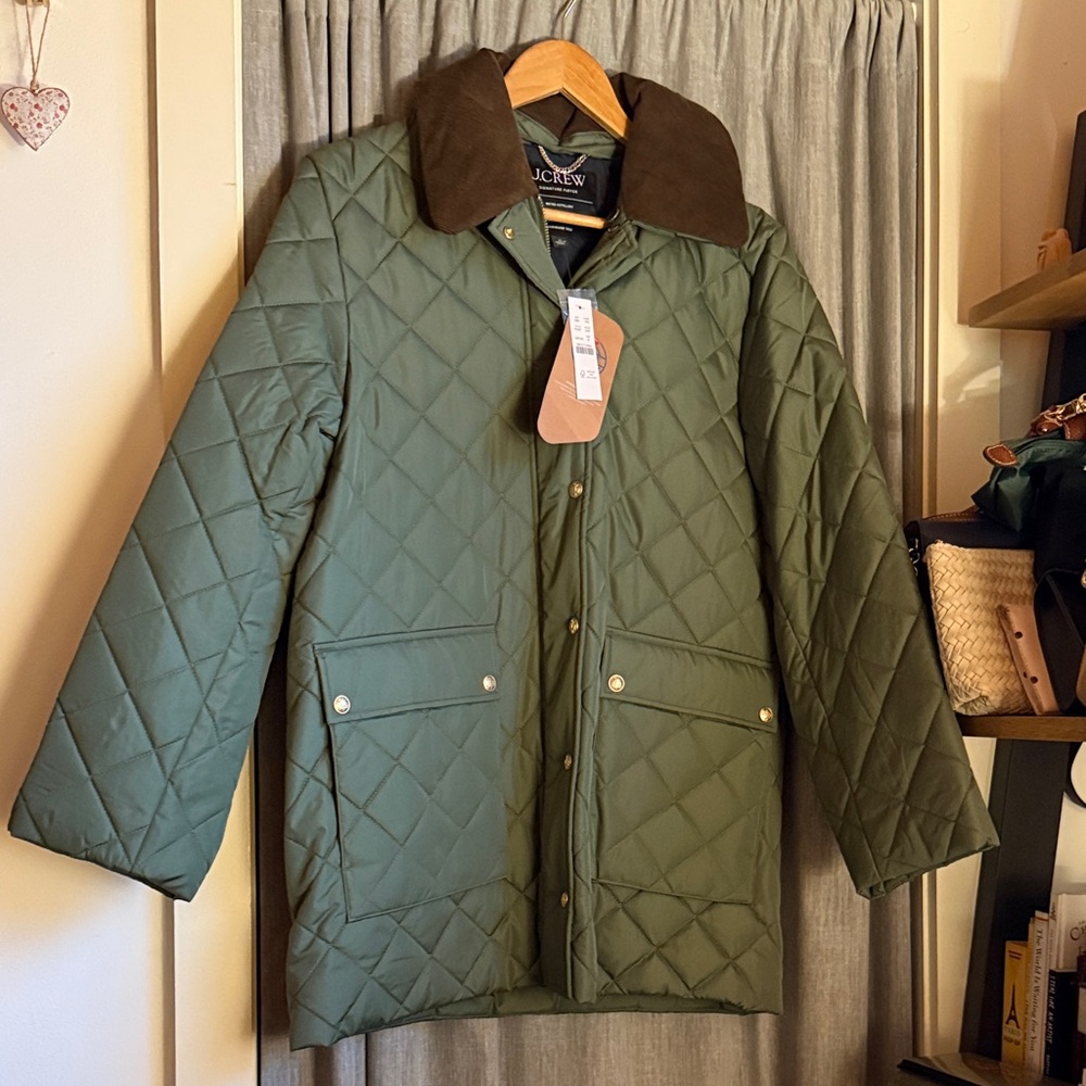 J. Crew Women’s NWT Olive Quilted Signature Jacket with Corduroy Brown Collar